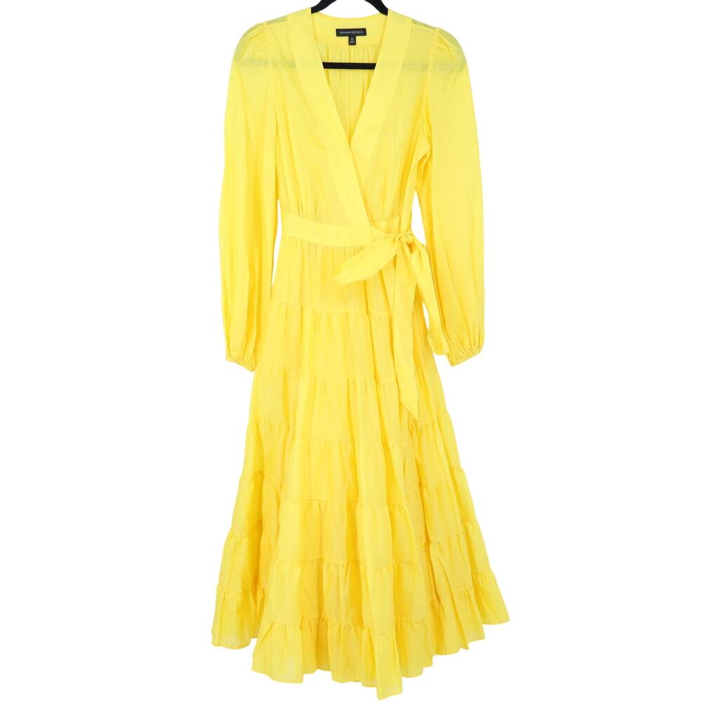 BANANA REPUBLIC Stampa Wrap Dress Yellow Tiered Skirt Long Sleeve Women's XS